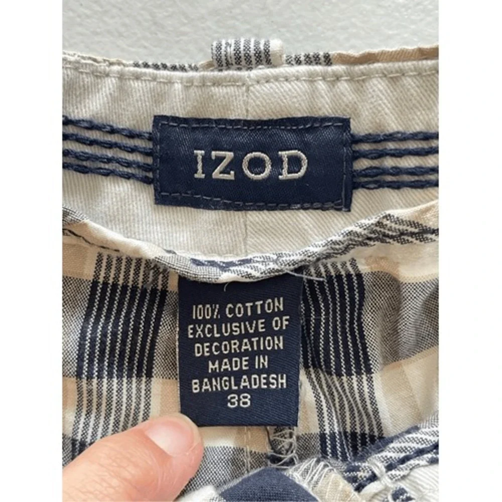 IZOD‎ Mens Plaid Cargo Shorts Navy Blue Tan White Cotton Size 38